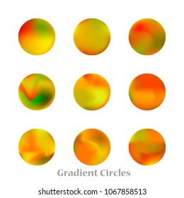 Round gradient set of vibrant colorful fluid abstract blurs design elements. Gradient colorful covers for calendars, brochures, cards. Soft and smooth color. Round gradient for mobile apps, screens.