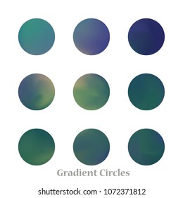 Round gradient set of vibrant colorful fluid abstract blurs design elements. Gradient colorful covers for calendars, brochures, cards. Soft and smooth color. Round gradient for mobile apps, screens.