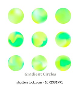 Round gradient set of vibrant colorful fluid abstract blurs design elements. Gradient colorful covers for calendars, brochures, cards. Soft and smooth color. Round gradient for mobile apps, screens.