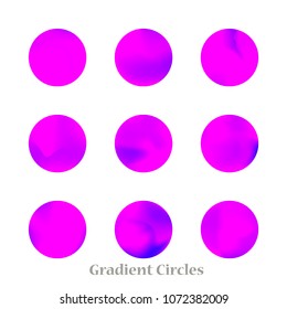 Round gradient set of vibrant colorful fluid abstract blurs design elements. Gradient colorful covers for calendars, brochures, cards. Soft and smooth color. Round gradient for mobile apps, screens.