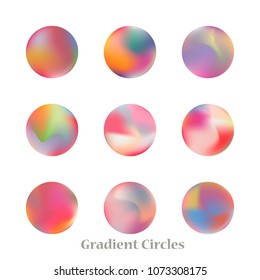 Round gradient set of vibrant colorful fluid abstract blurs design elements. Gradient colorful covers for calendars, brochures, cards. Soft and smooth color. Round gradient for mobile apps, screens.