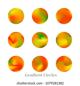 Round gradient set of vibrant colorful fluid abstract blurs design elements. Gradient colorful covers for calendars, brochures, cards. Soft and smooth color. Round gradient for mobile apps, screens.