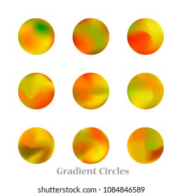 Round gradient set of vibrant colorful fluid abstract blurs design elements. Gradient colorful covers for calendars, brochures, cards. Soft and smooth color. Round gradient for mobile apps, screens.