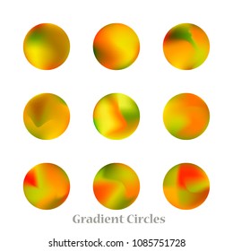 Round gradient set of vibrant colorful fluid abstract blurs design elements. Gradient colorful covers for calendars, brochures, cards. Soft and smooth color. Round gradient for mobile apps, screens.