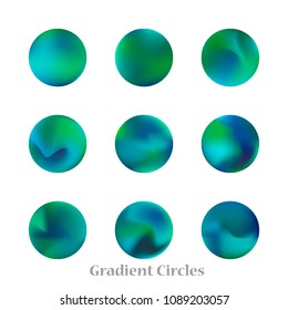 Round gradient set of vibrant colorful fluid abstract blurs design elements. Gradient colorful covers for calendars, brochures, cards. Soft and smooth color. Round gradient for mobile apps, screens.