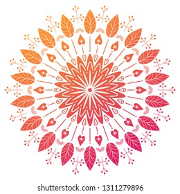 Round gradient summer mandala on white background. Vector folk ornamental illustration. Abstract colorful flower