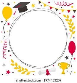 Round graduation frame with doodle style elements. Hand drawn holiday background with flags, balloons, laurel branches, stars and a graduate cap. Vector illustration.