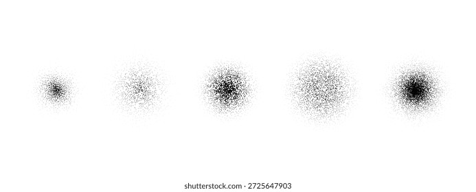 Juego de pinceles de grano redondo. Colección de gradiente de ruido punteado en círculo. Elementos radiales de arena polvorienta. Manchas salpicadas de superposición. Grunge espolvorea textura de spray punteada. Vector de pilas salpicadas arenosas