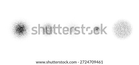 Round grain brush stroke set. Circle stippled noise gradient collection. Dotted splatter overlay spots. Grunge sprinkle dotted spray texture. Vector gritty splashed piles. Radial dust sand elements