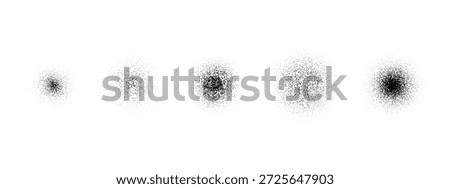 Round grain brush stroke set. Circle stippled noise gradient collection. Radial dusty sand elements. Dotted splatter overlay spots. Grunge sprinkle dotted spray texture. Vector gritty splashed piles