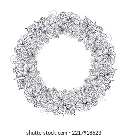 Guirnalda de uva redonda o marco de bayas de uva y hojas de uva. Borde negro de uva vectorial con espacio para texto.