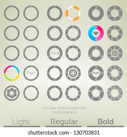 Round graph circular charts, set of thirty design templates, from one to ten puzzle shaped segments in three variations of thickness