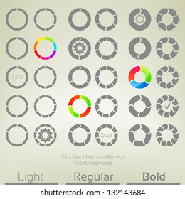 Round graph circular charts, set of thirty design templates, from one to ten rounded arrow shaped segments in three variations of thickness