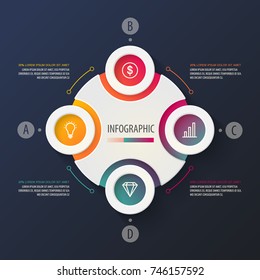 Round graph connection with arrows connections for business or management infographics. Infochart with diamond and dollar sign, bar chart or diagram, lamp icons. Work and information, document theme