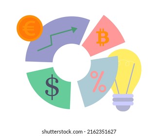 Gráfica redonda con compartimientos de diferentes tamaños, criptodivisa y bombilla. Vector aislado en un fondo blanco.