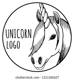 Round graphic black-white unicorn logo; vector illustration EPS10