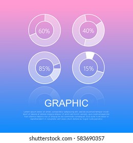 Round graphics template design with informative text on light smooth blue-pink background. Vector illustration of four circular diagrams with 14, 60, 85 and 15 percents inside in flat style.