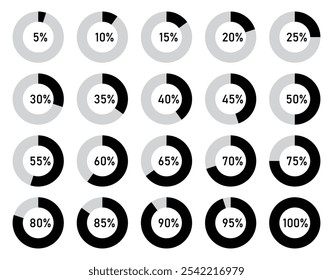 Round graphs divided into sectors or pieces with percentage. Pie chart icon set in percentage. From 5% to 100%. Set of loading indicator. Process cycle icons for infographics. Vector illustration.