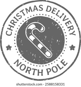 Round gray Christmas delivery stamp from North Pole featuring a candy cane at the center, surrounded by stars and dotted decorations, isolated against a clean white background