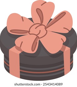 round gray gift box with bow knot. holiday present box, tied with pink wrapping ribbon. vector flat illustration isolated. 