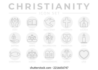 Round Gray Outline Christianity Icon Set with Faith, Bible, Crucifixion , Baptism, Church, Resurrection, Holy Spirit, Saints, Commandments,Light, Protection, Justice, Safety and Love Thin Icons