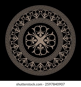 Round greek gold ornament, Greek key meander. Meander circle. Byzantine painting of wall, floor, ceiling of European palace. Arabesque, Byzantine pattern. For embroidery, ceramic, porcelain, textile