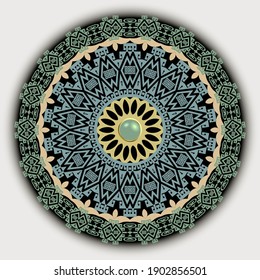 Round greek mandala pattern. Tribal ethnic background. Vector jewelry backdrop. Abstract floral ornament with surface gemstone, button, frames, circles, greek key, meanders, geometric shapes, flowers.