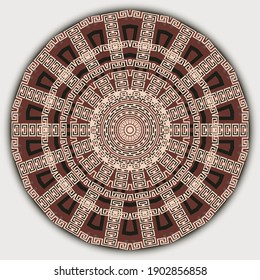 Round greek mandala pattern. Tribal ethnic style background. Vector geometric backdrop. Abstract radial modern ornaments with borders, frames, circles, greek key, meanders, geometric shapes.