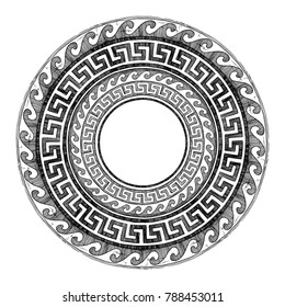 Round Greek ornament with meander and wave in vintage engraving style.