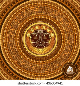 Round greek tile geometric background with beard god face in center