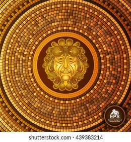 Round greek tile geometric background with god face in center