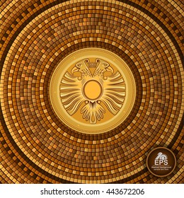 Round greek tile geometric background with two head eagle in center