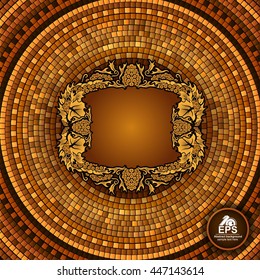 Round greek tile geometric background with grapes frame in center