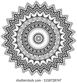 Round greek vector mandala pattern. Ornamental black and white ethnic background. Zigzag tribal isolated ornament with abstract flowers, zig zag lines, shapes, greek key meanders, chains, frames.