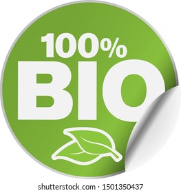 round green 100 percent Bio adhesive sticker or badge with one side curled up vector illustration