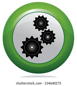 Round green button with black gear icon. Abstract vector illustration with three gears. 