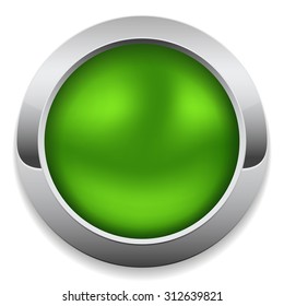 Round green button with metal border on white background