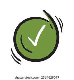 Round green button with a white check mark. Simple vector element on white background. Hand-drawn icon for website design, banner