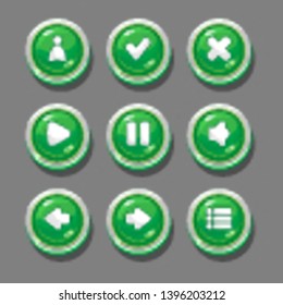 
Round green buttons for interfaces and menus of games and applications with user icons, a check mark and a cross, arrows, play, pause, sound, options.