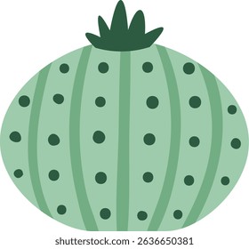 Round green cactus showcasing dark green stripes and dots, thriving in the desert with its thick skin, perfectly adapted for surviving harsh drought conditions