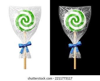 Round green candy on stick in plastic wrapper with bow. Festive wrapped lollipop isolated on white and black background