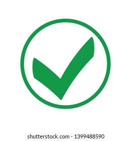 Round green check mark line icon, button, tick symbol on white background