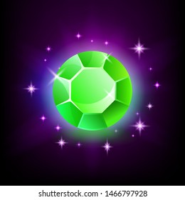 Round green emerald shining gemstone with magical glow and stars on dark background vector illustration