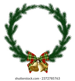 Round green fir branch frame wreath with golden bells and tartan ribbon bow isolated on white. Christmas and New Year decoration and greeting card template. Vector illustration