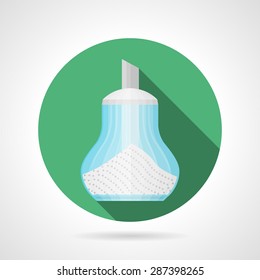 Round green flat color design vector icon for glass sugar bowl with dispenser on gray background with long shadows.