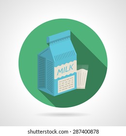 Round green flat color design vector icon for milk pack and full glass on gray background with long shadows.