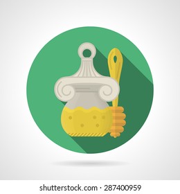 Round green flat color design vector icon for glass can full of honey and wooden stick on gray background with long shadows.