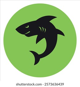 Round green flat icon with black silhouette of a dangerous shark. Vector on a gray background