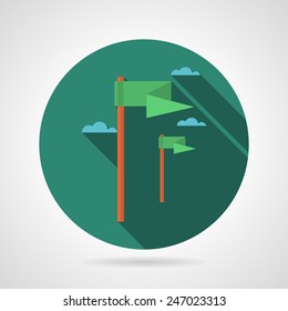 Round green flat vector icon for green curve triangle flags by wind with blue clouds on gray background. Long shadow design.
