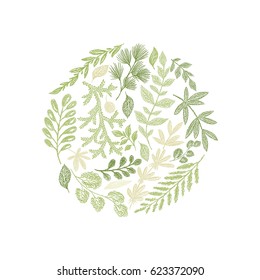 Round green floral hand drawn composition vector isolated on white background. Greenery leaf arrangement. Spring doodle botanical decoration